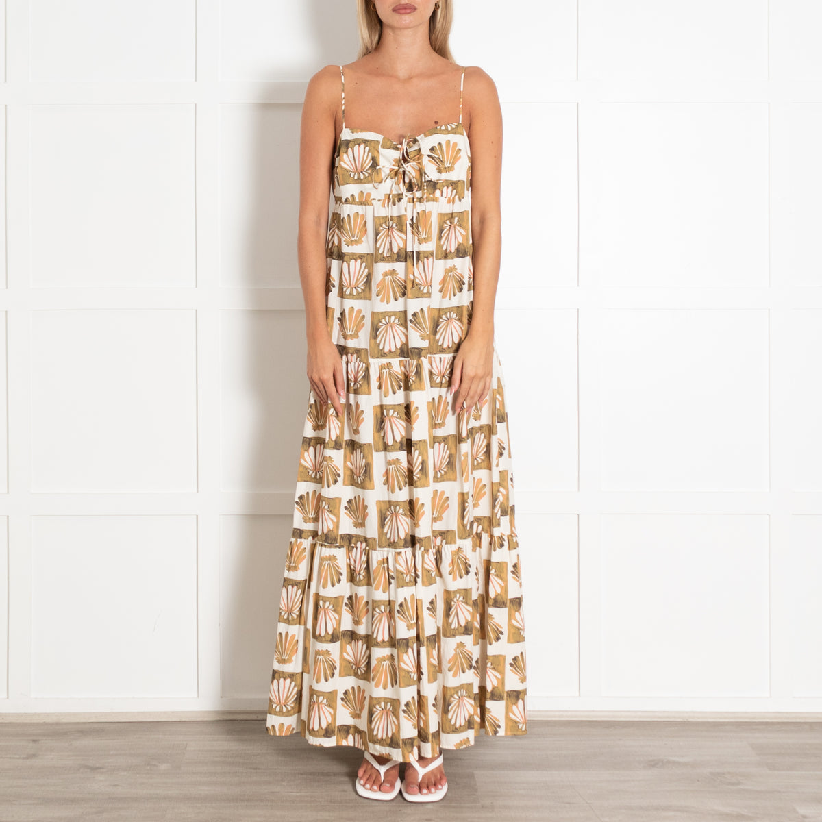 Rails White Green Mica Shell Block Print Strappy Maxi Dress