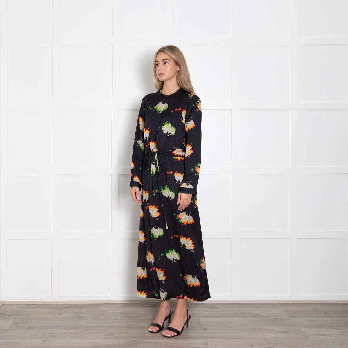 Raey Black Flower Pattern Mix Drawstring Full Length Dress