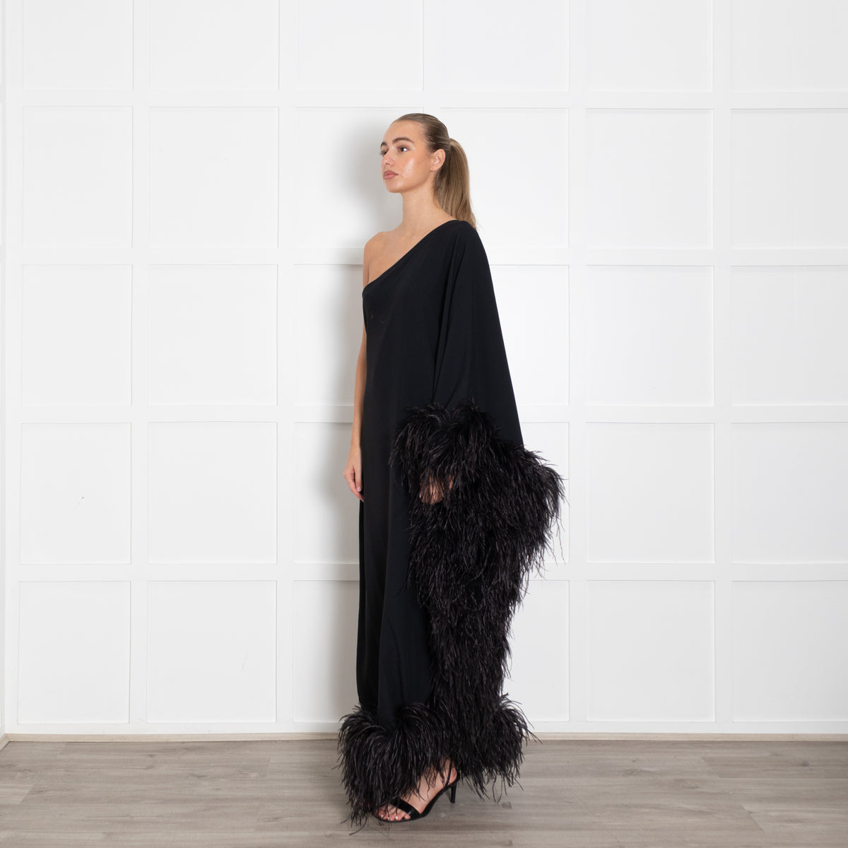 Taller Marmo Black One Shoulder Feathered Eternity Dress