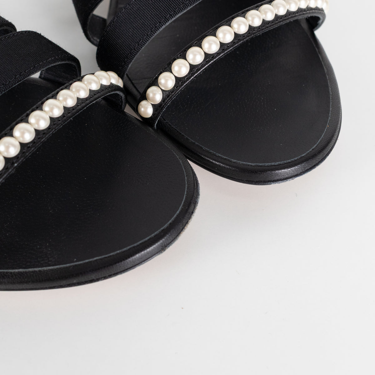 Chanel Black Fabric Mules With Pearls & Logo on Heel