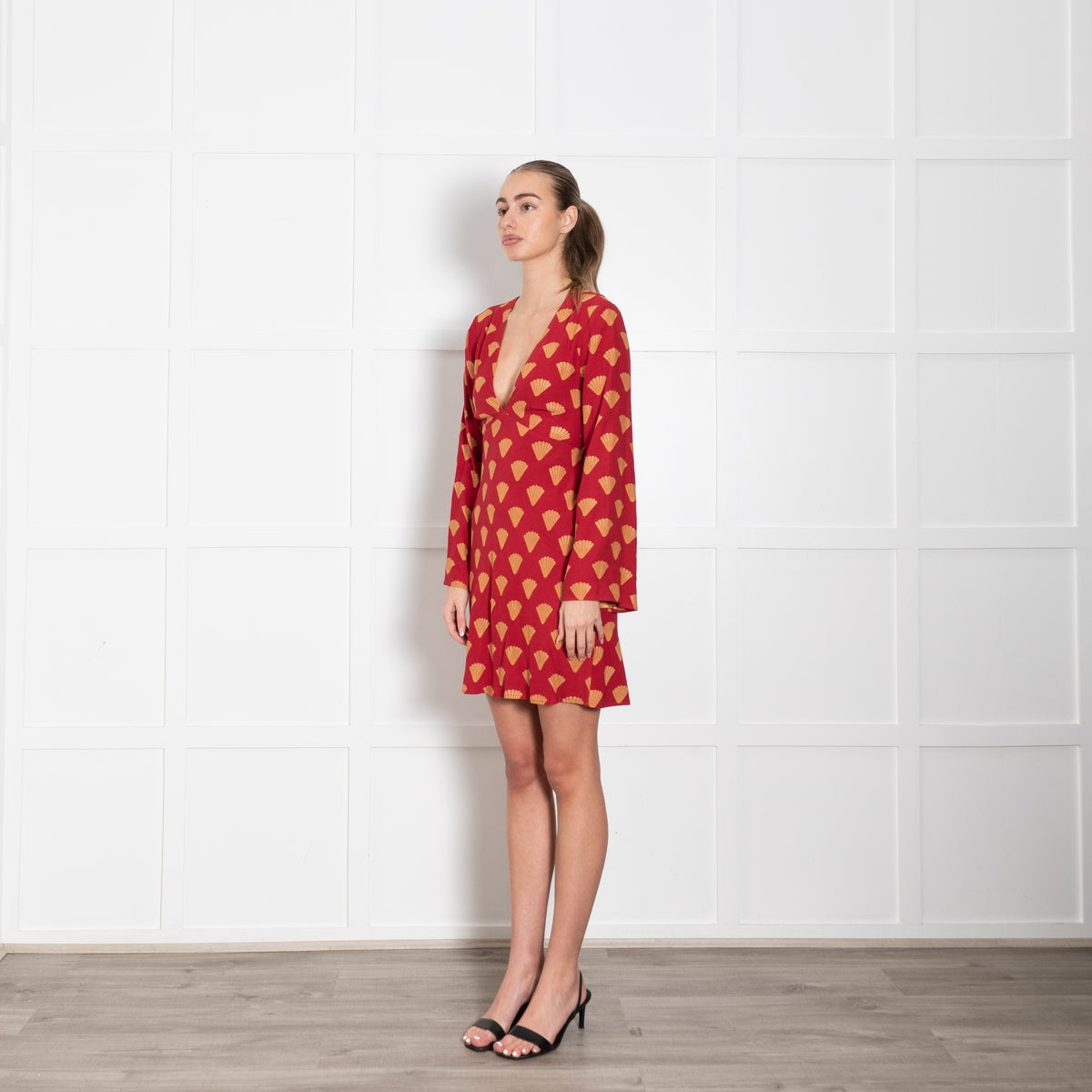 Rixo Red Open Back Dress With Gold Fan Print