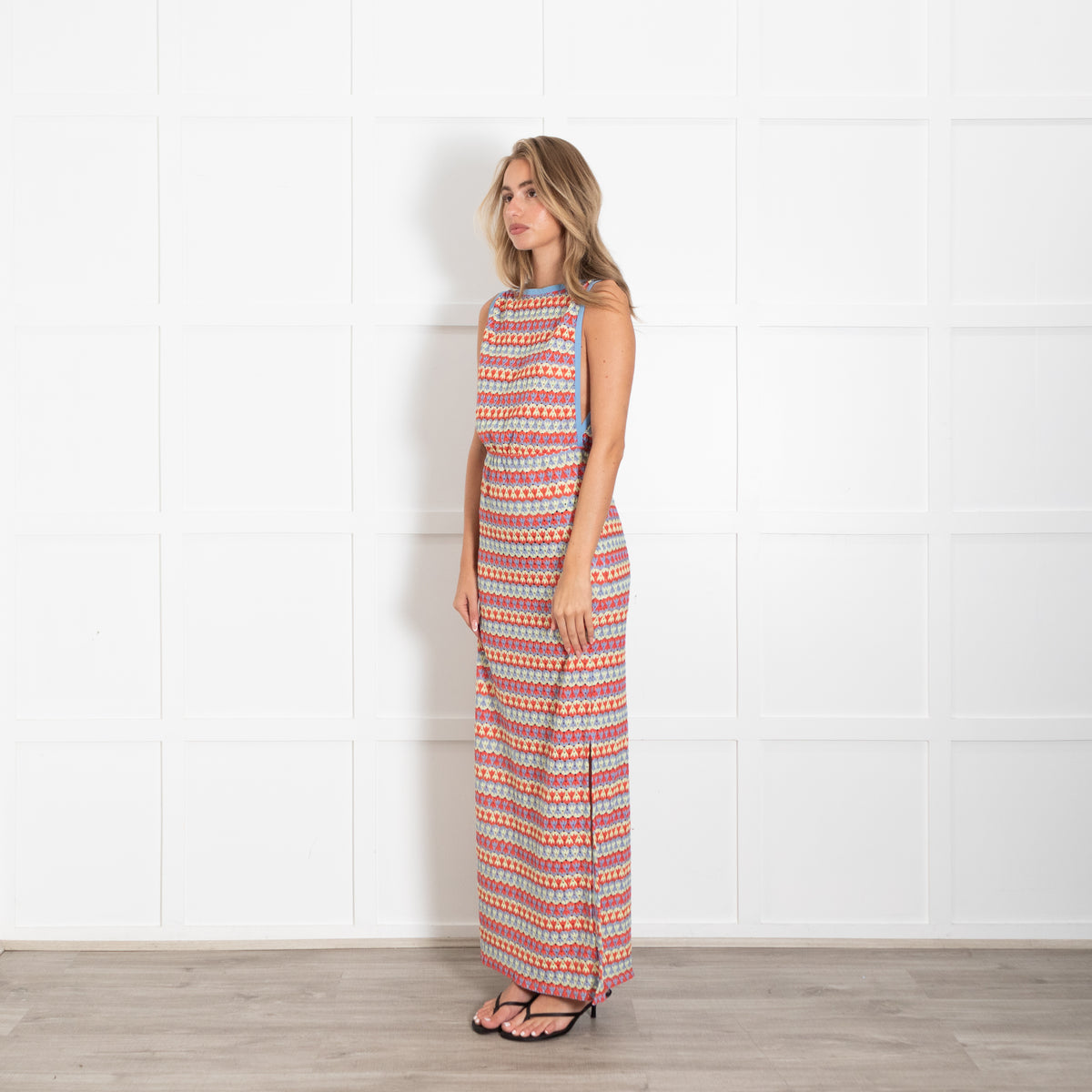 Andres Sarda Blue Yellow Red Crochet Knit Sleeveless Maxi Dress