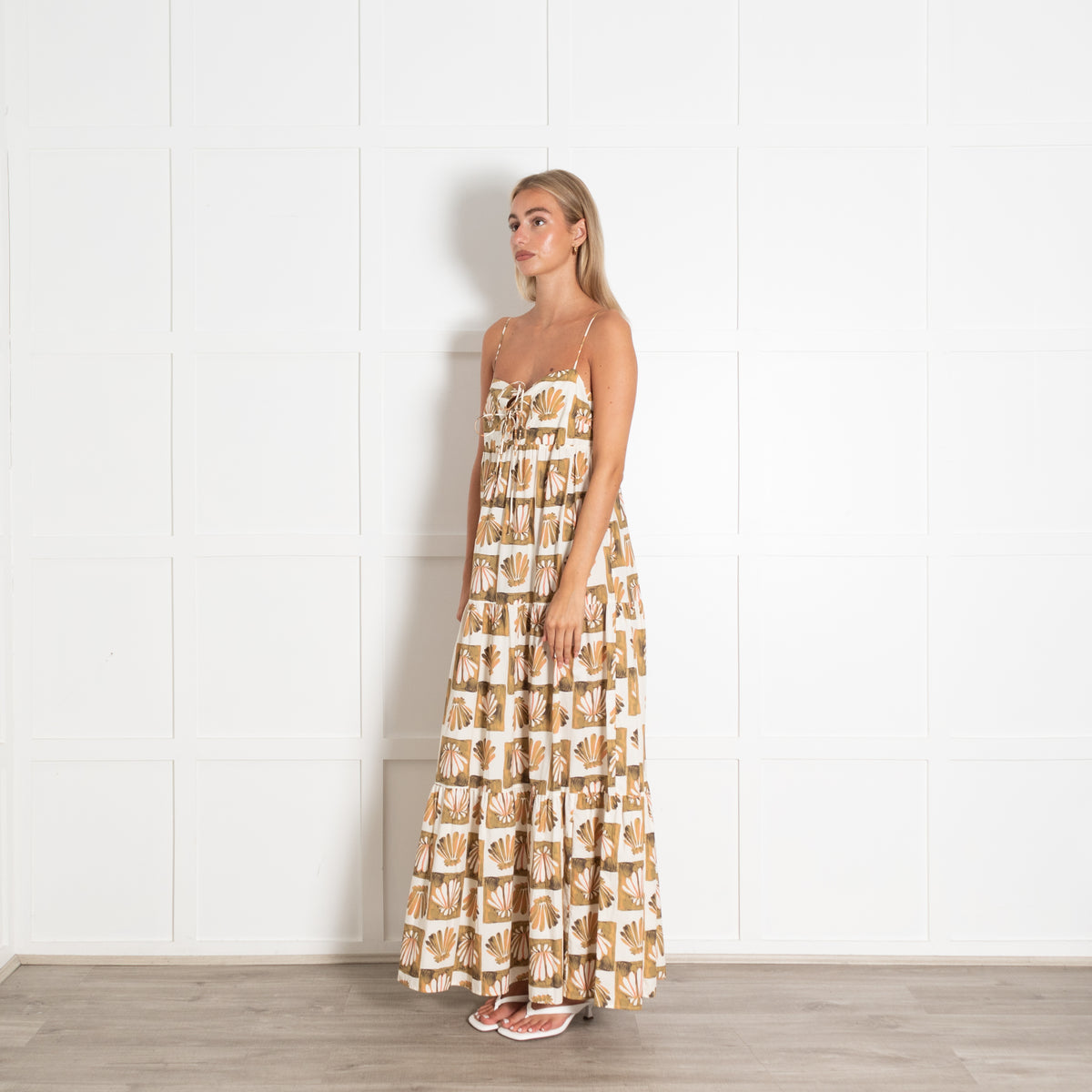 Rails White Green Mica Shell Block Print Strappy Maxi Dress