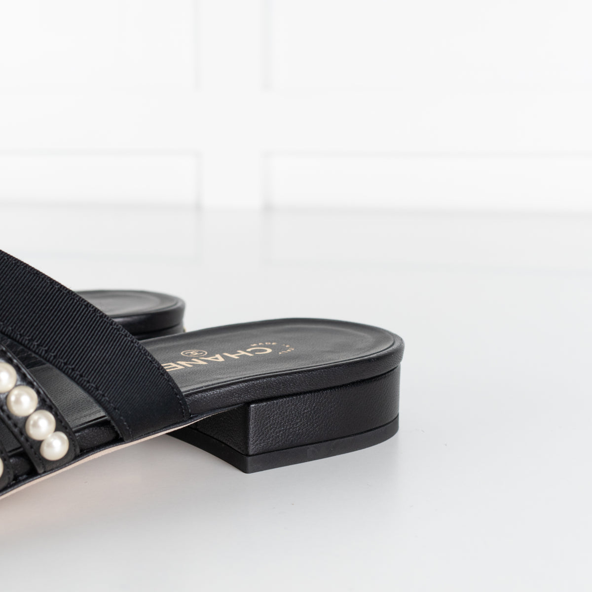 Chanel Black Fabric Mules With Pearls & Logo on Heel