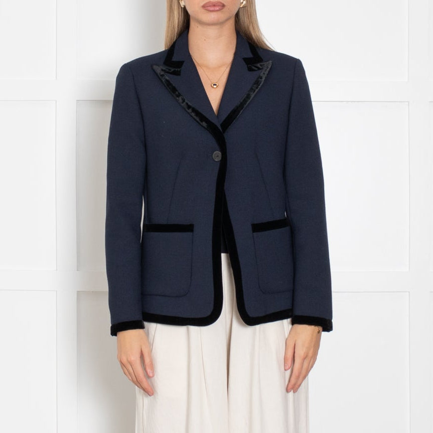 Sandro Navy Black Velvet Trim Blazer