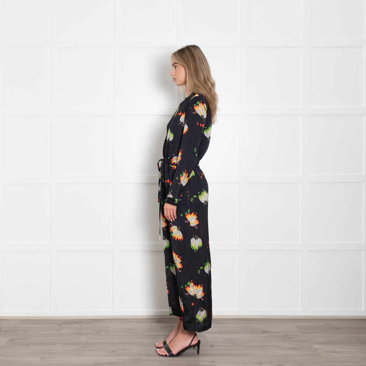 Raey Black Flower Pattern Mix Drawstring Full Length Dress