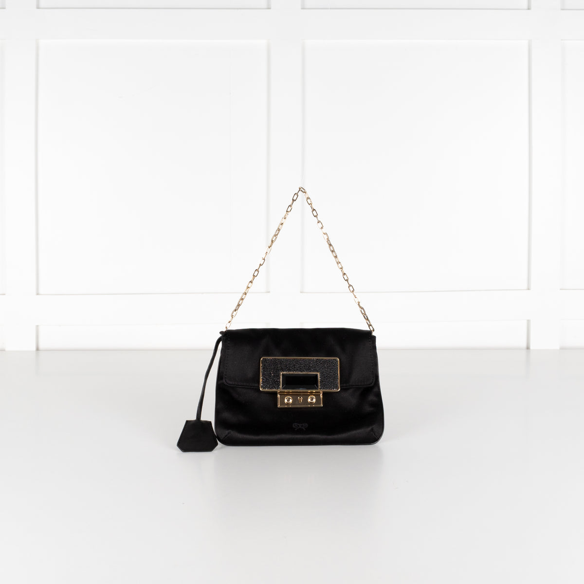 Anya Hindmarch Black Satin Embellished Clasp Pouch