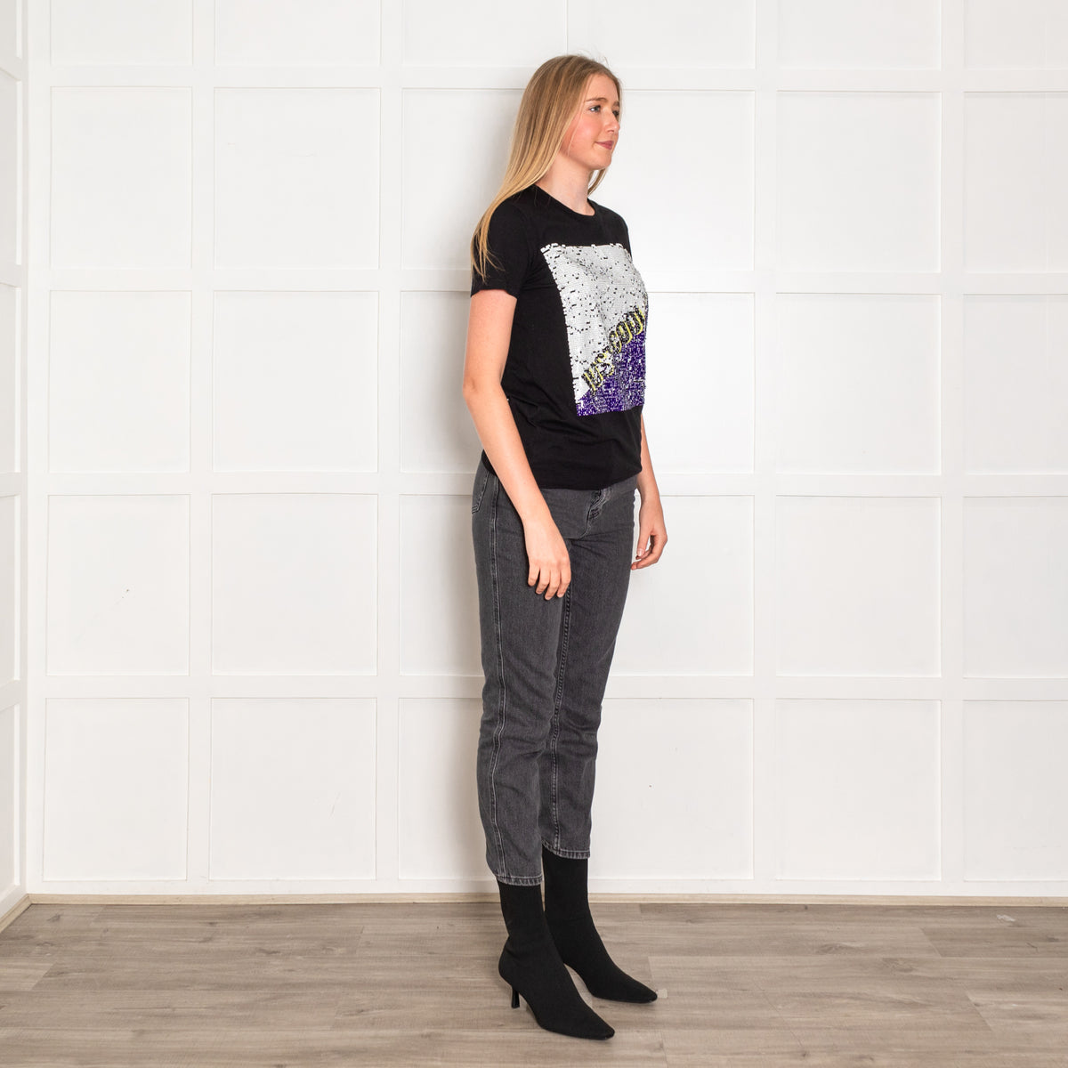 Sandro Black Slogan Sequinned T-Shirt