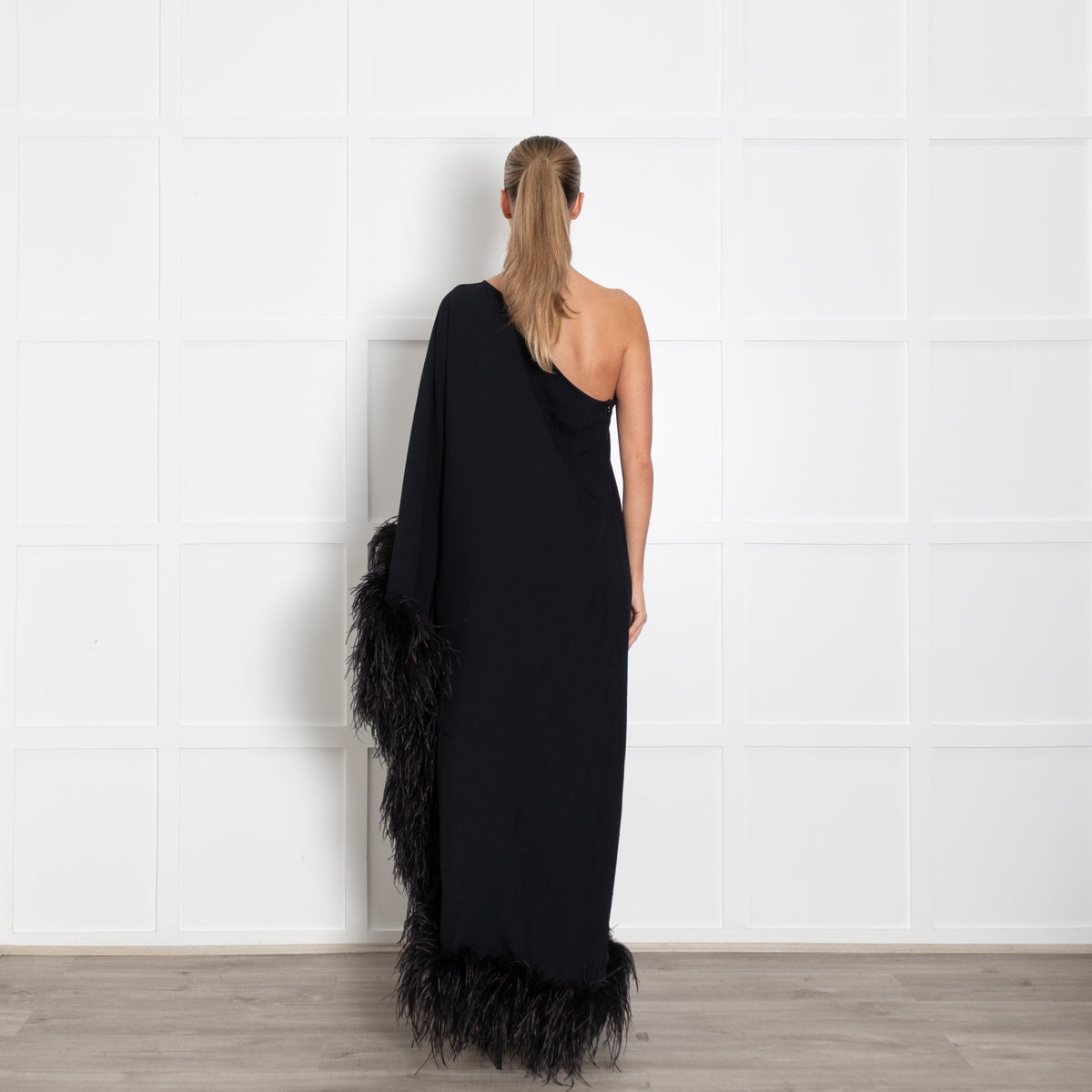 Taller Marmo Black One Shoulder Feathered Eternity Dress