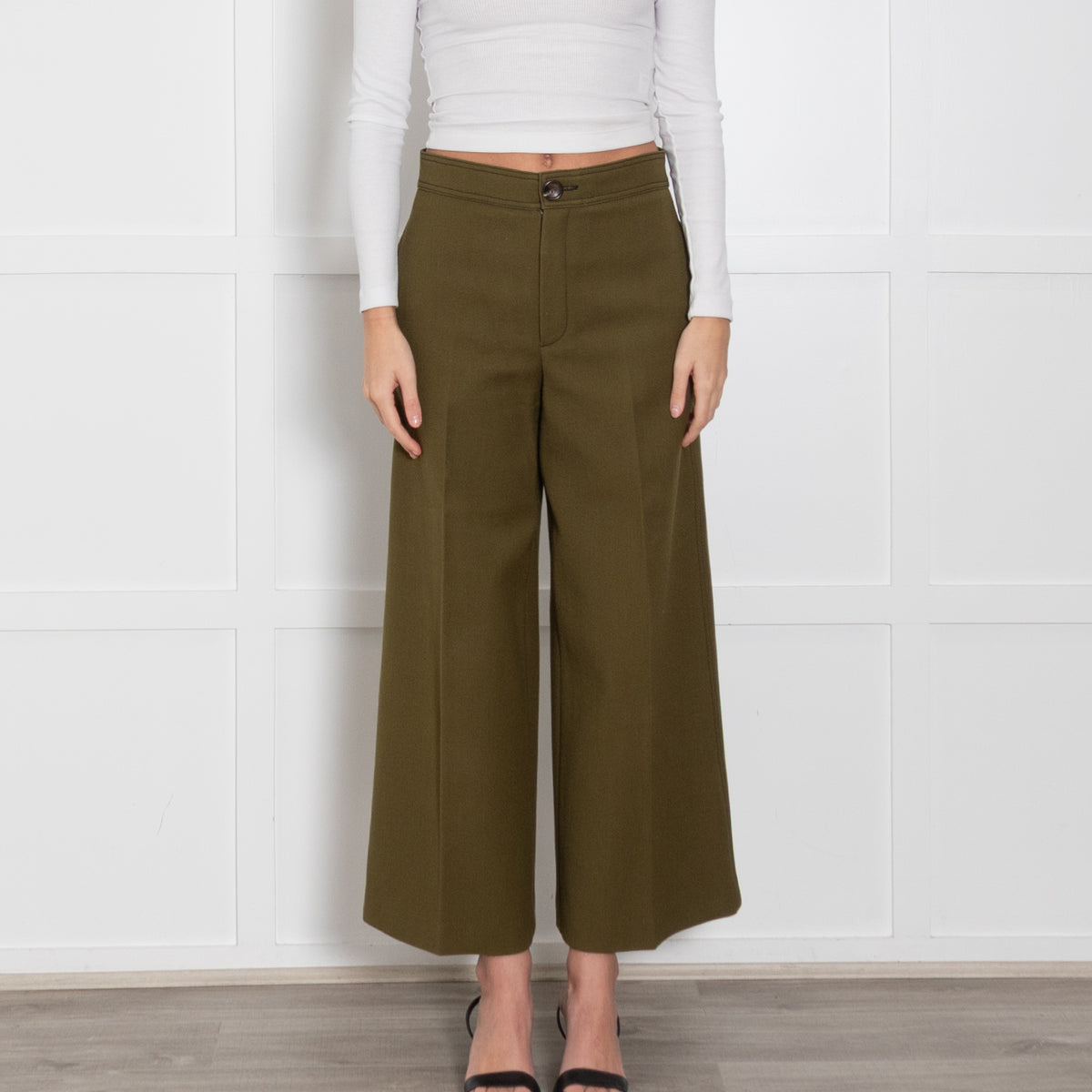 Joseph Olive Green Wide Leg Crop Twill Trousers