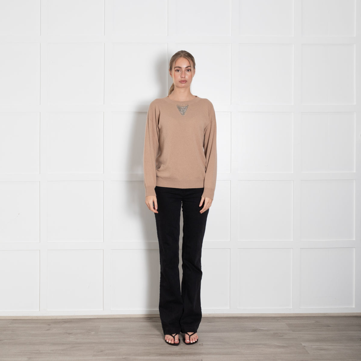 Peserico Camel Round Neck Jumper with Glitter Chain Detailing