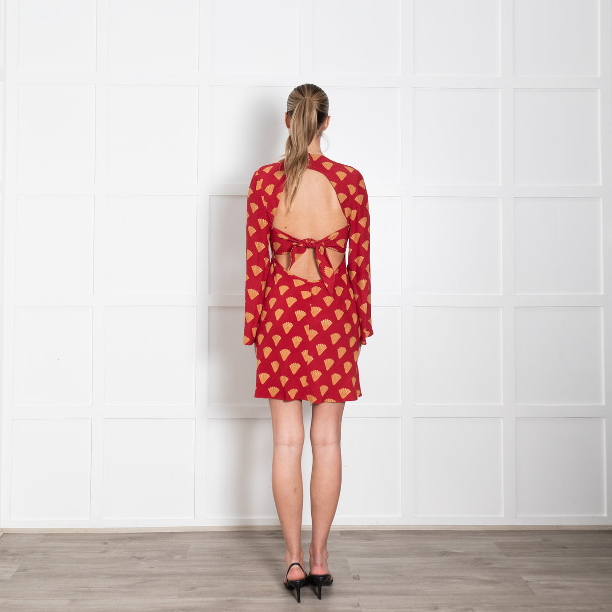 Rixo Red Open Back Dress With Gold Fan Print