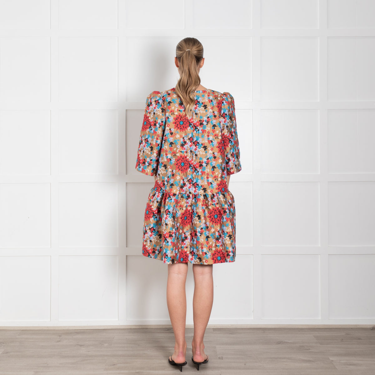 Essentiel Antwerp Tan Red Blue Floral Peplum Short Dress