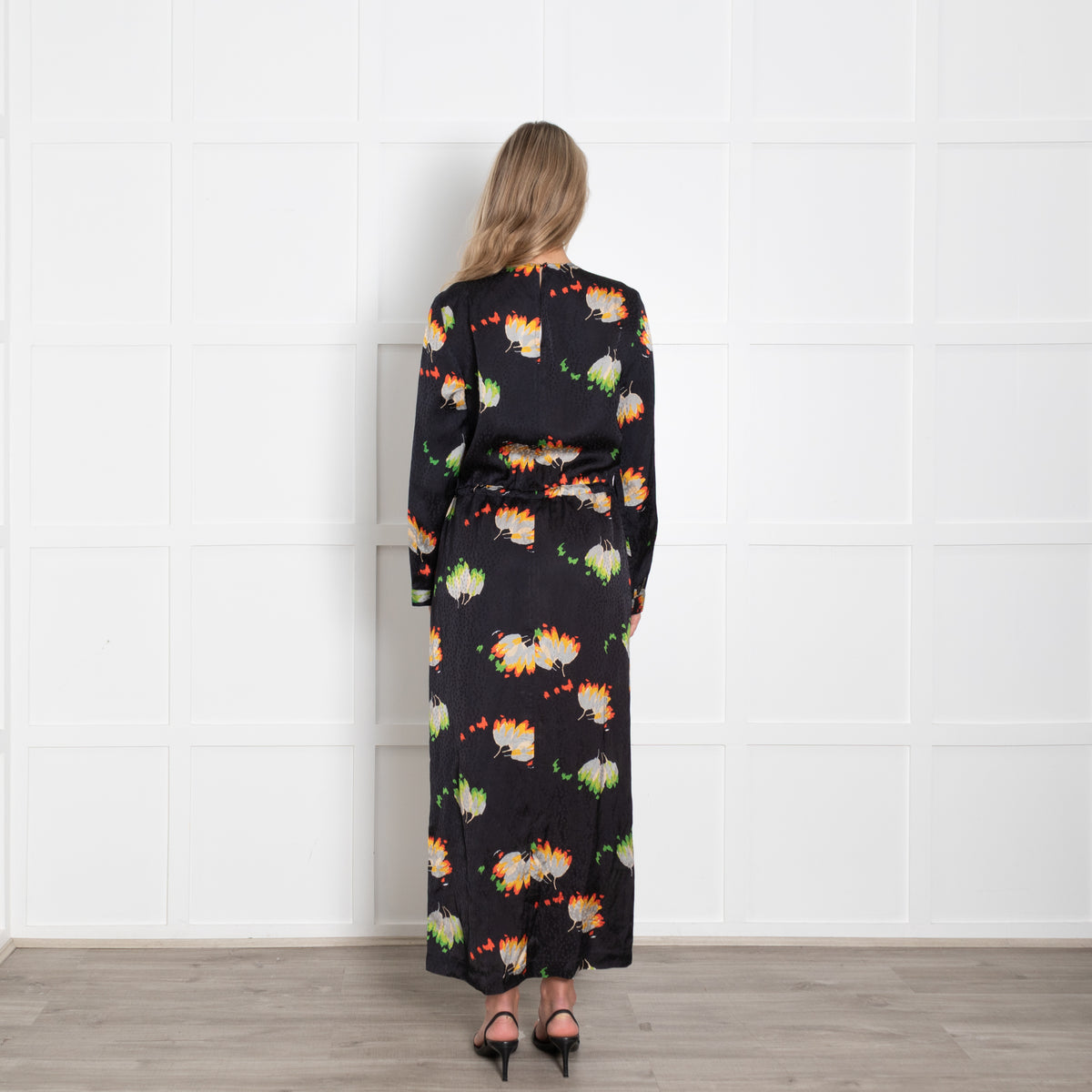 Raey Black Flower Pattern Mix Drawstring Full Length Dress