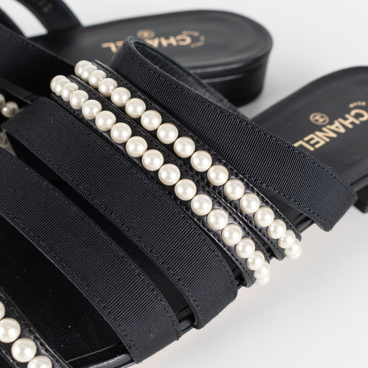 Chanel Black Fabric Mules With Pearls & Logo on Heel