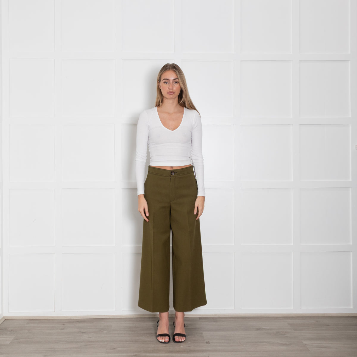 Joseph Olive Green Wide Leg Crop Twill Trousers