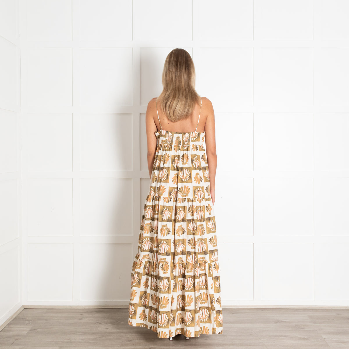 Rails White Green Mica Shell Block Print Strappy Maxi Dress