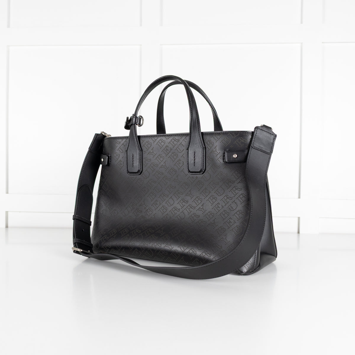 Burberry Black Perforated Leather Banner Tote Bag