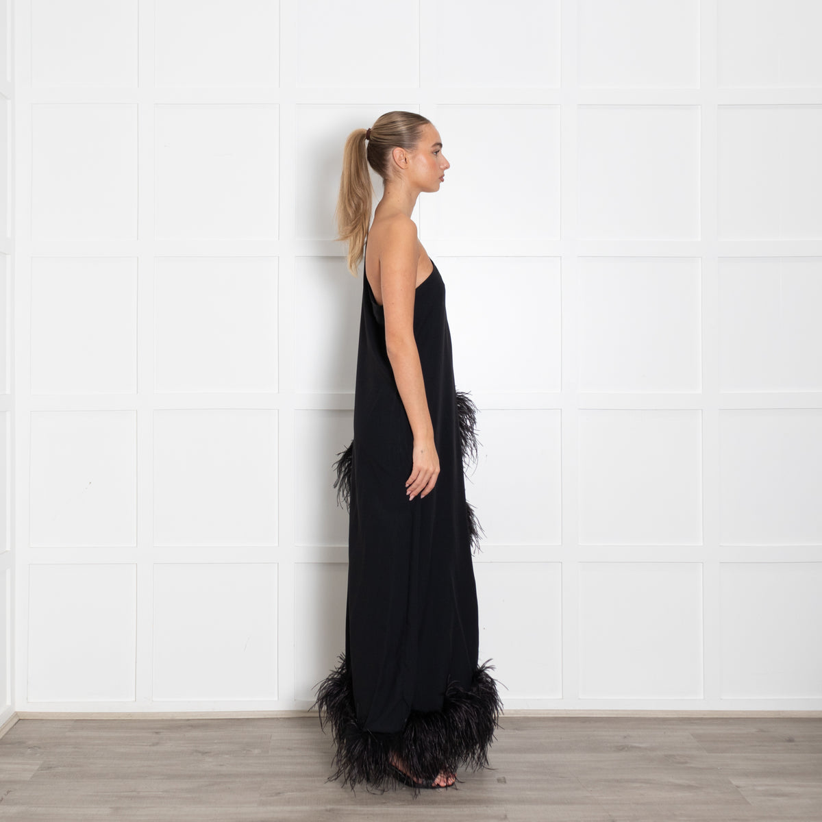 Taller Marmo Black One Shoulder Feathered Eternity Dress
