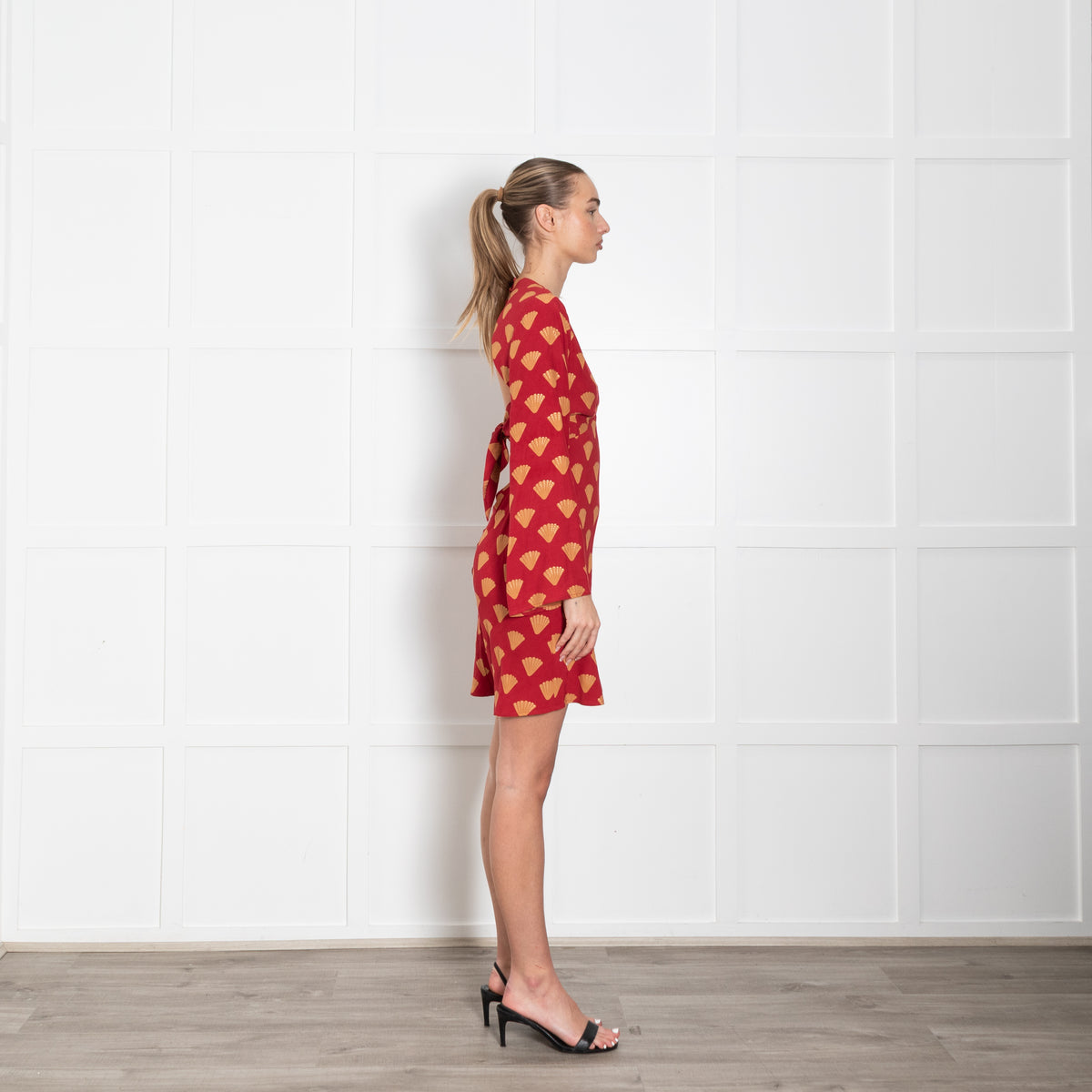 Rixo Red Open Back Dress With Gold Fan Print