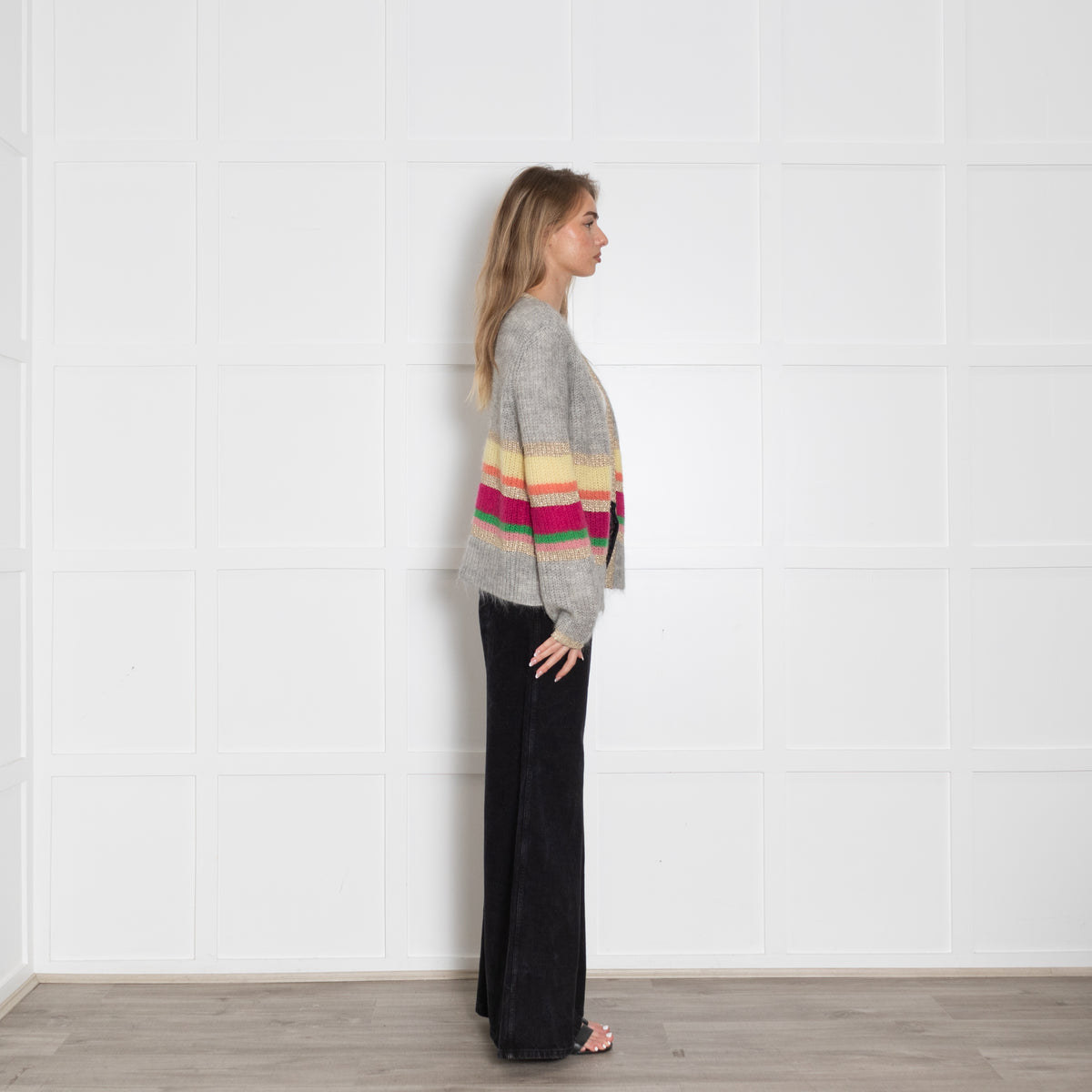 Wyse Grey Mohair Cardigan With Rainbow Stripes