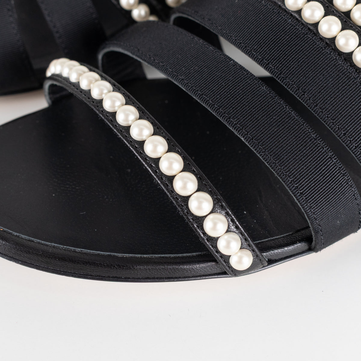Chanel Black Fabric Mules With Pearls & Logo on Heel