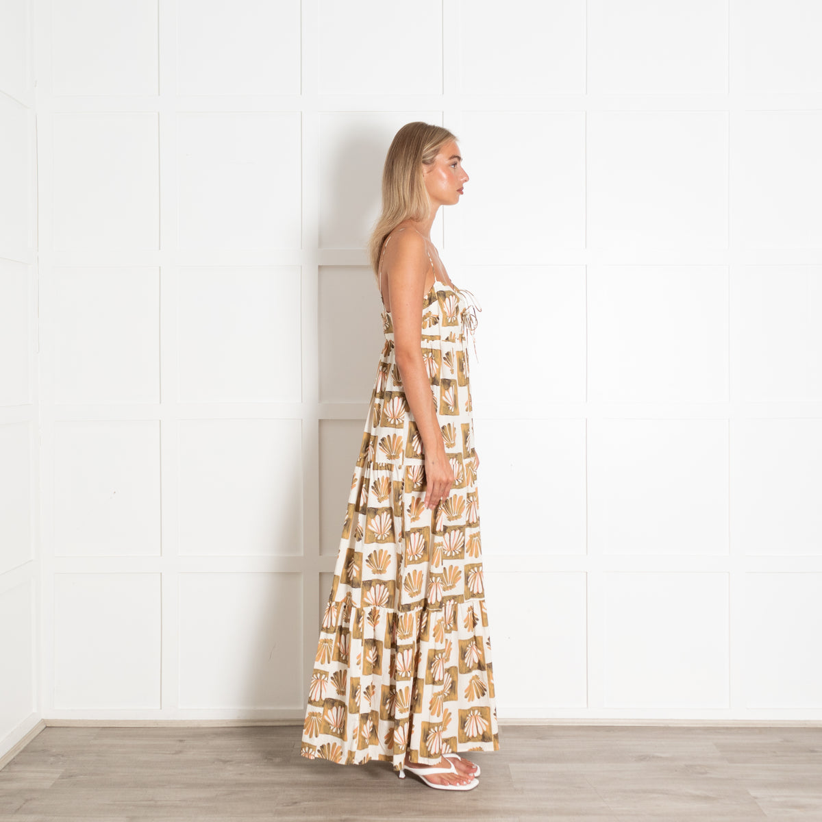 Rails White Green Mica Shell Block Print Strappy Maxi Dress