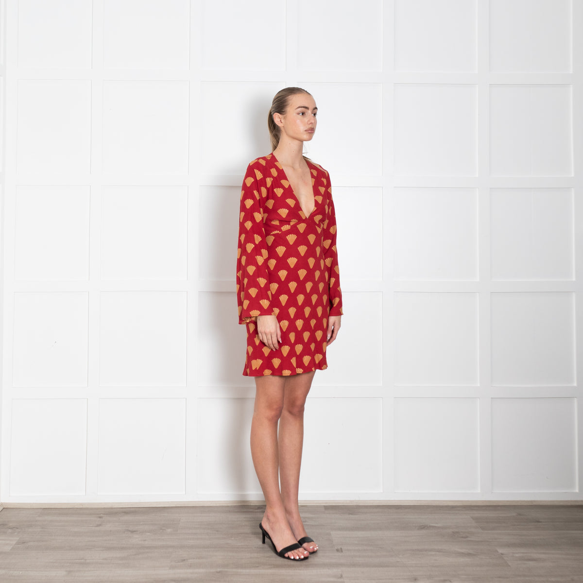 Rixo Red Open Back Dress With Gold Fan Print