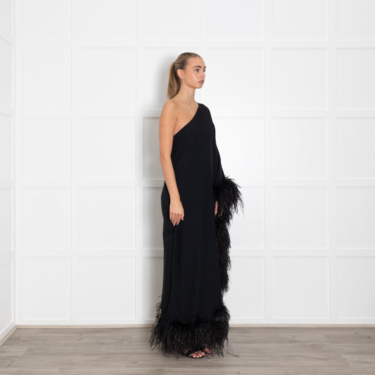 Taller Marmo Black One Shoulder Feathered Eternity Dress