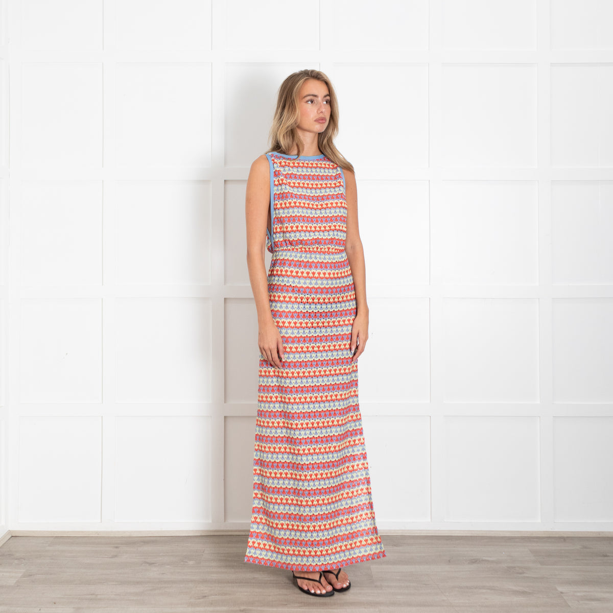 Andres Sarda Blue Yellow Red Crochet Knit Sleeveless Maxi Dress