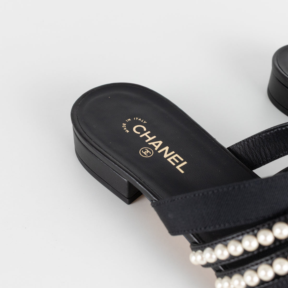 Chanel Black Fabric Mules With Pearls & Logo on Heel
