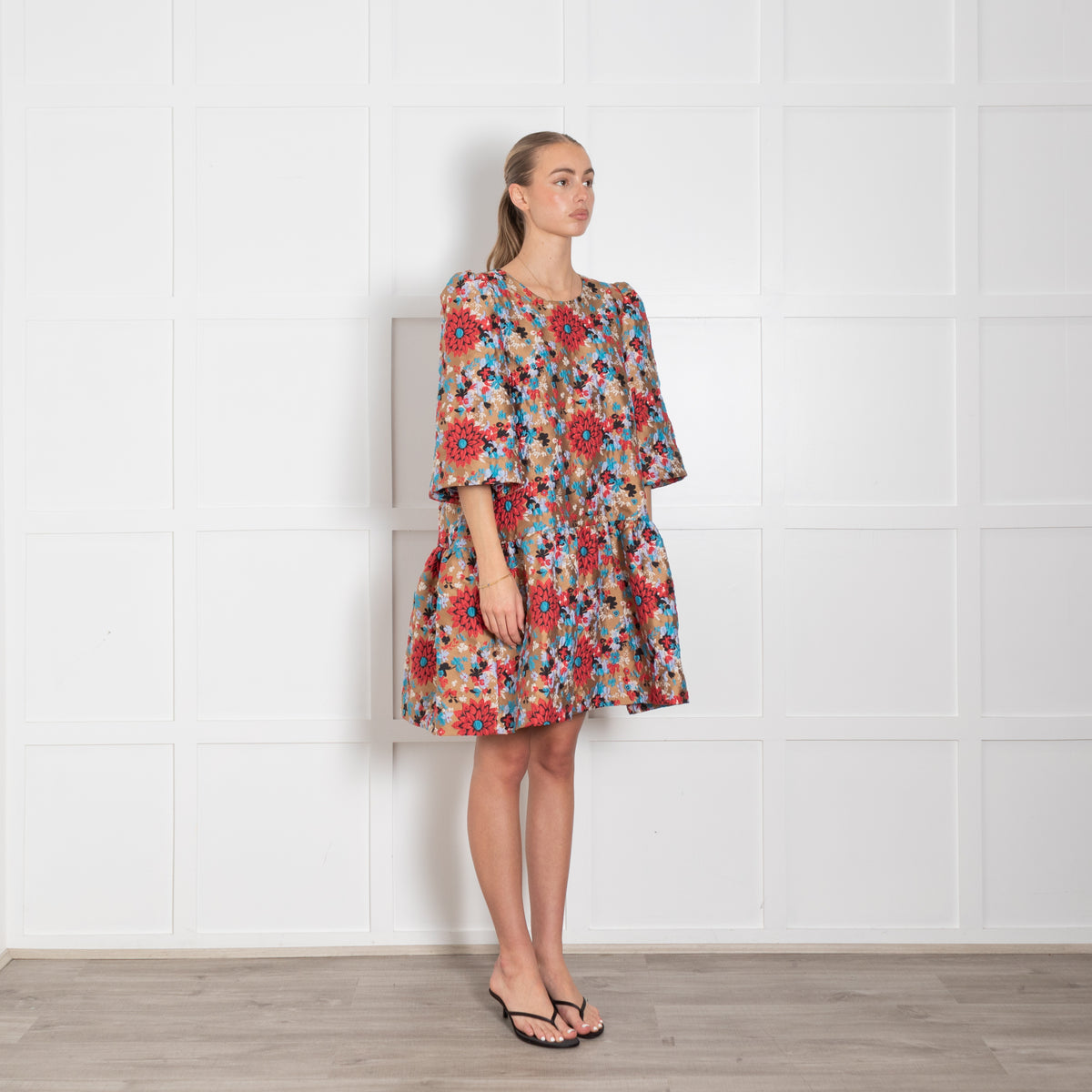 Essentiel Antwerp Tan Red Blue Floral Peplum Short Dress