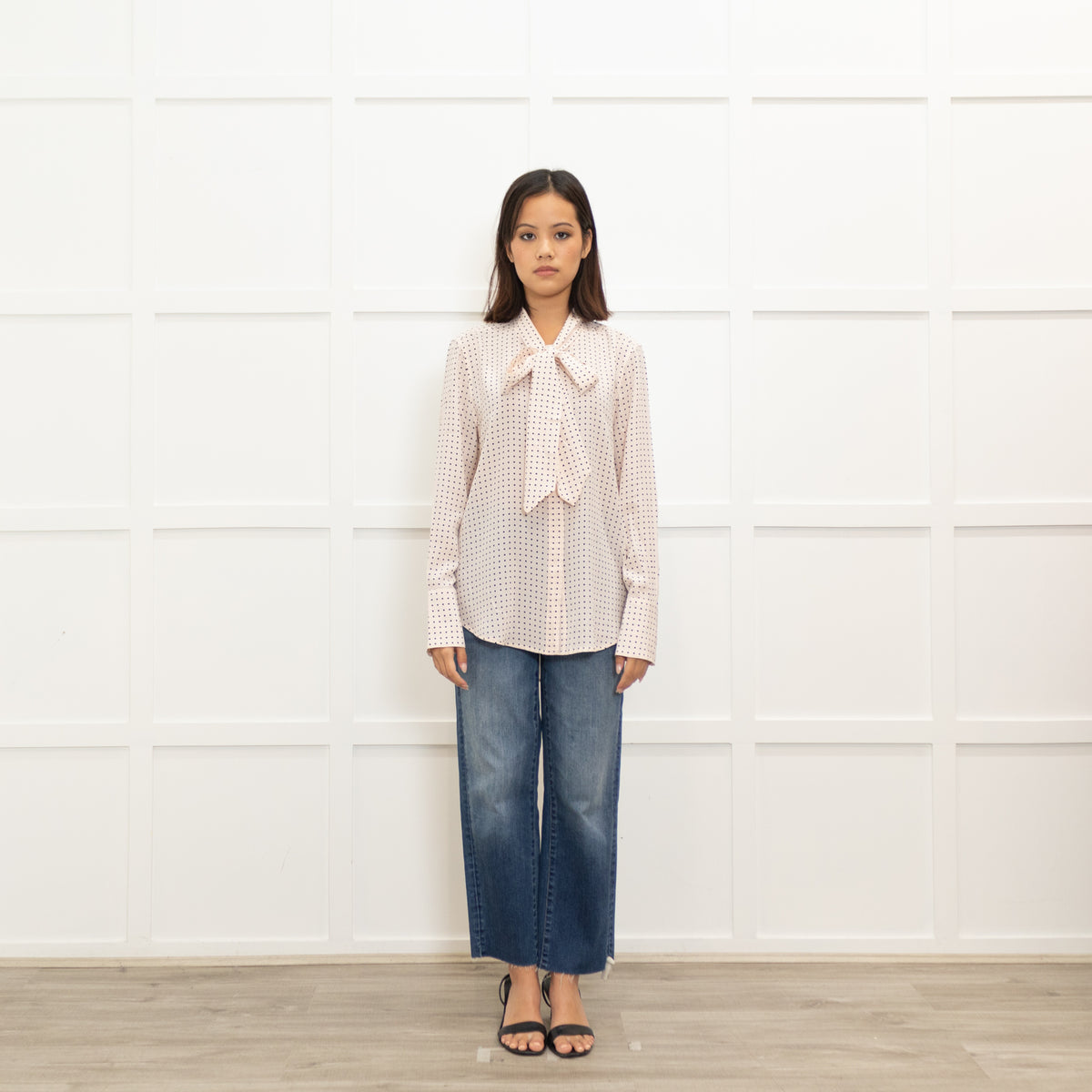 Equipment Pink Polka Dot Tie Neck Blouse