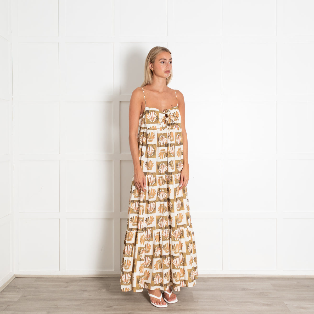 Rails White Green Mica Shell Block Print Strappy Maxi Dress