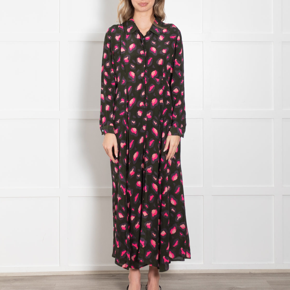 Mercy Delta Khaki Green & Pink Leopard Print Silk Dress