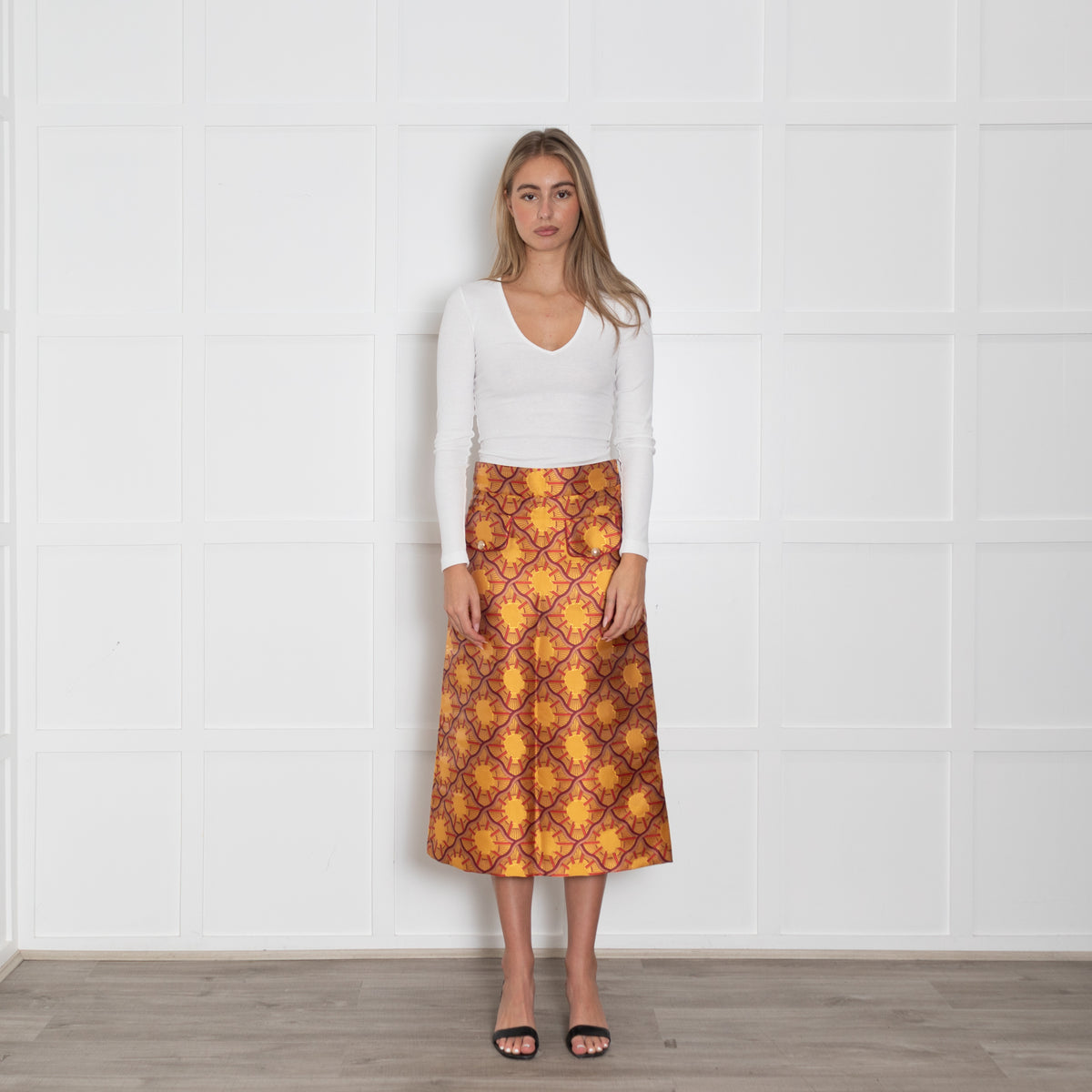 Lisou Burgundy, Yellow, Gold Patterned Midi Skirt