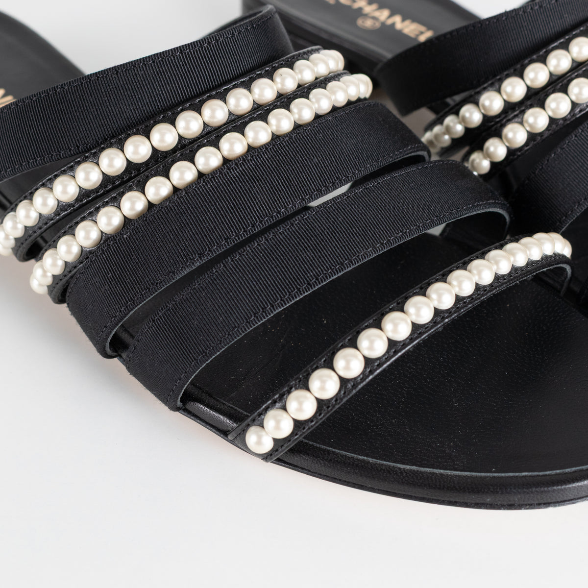 Chanel Black Fabric Mules With Pearls & Logo on Heel