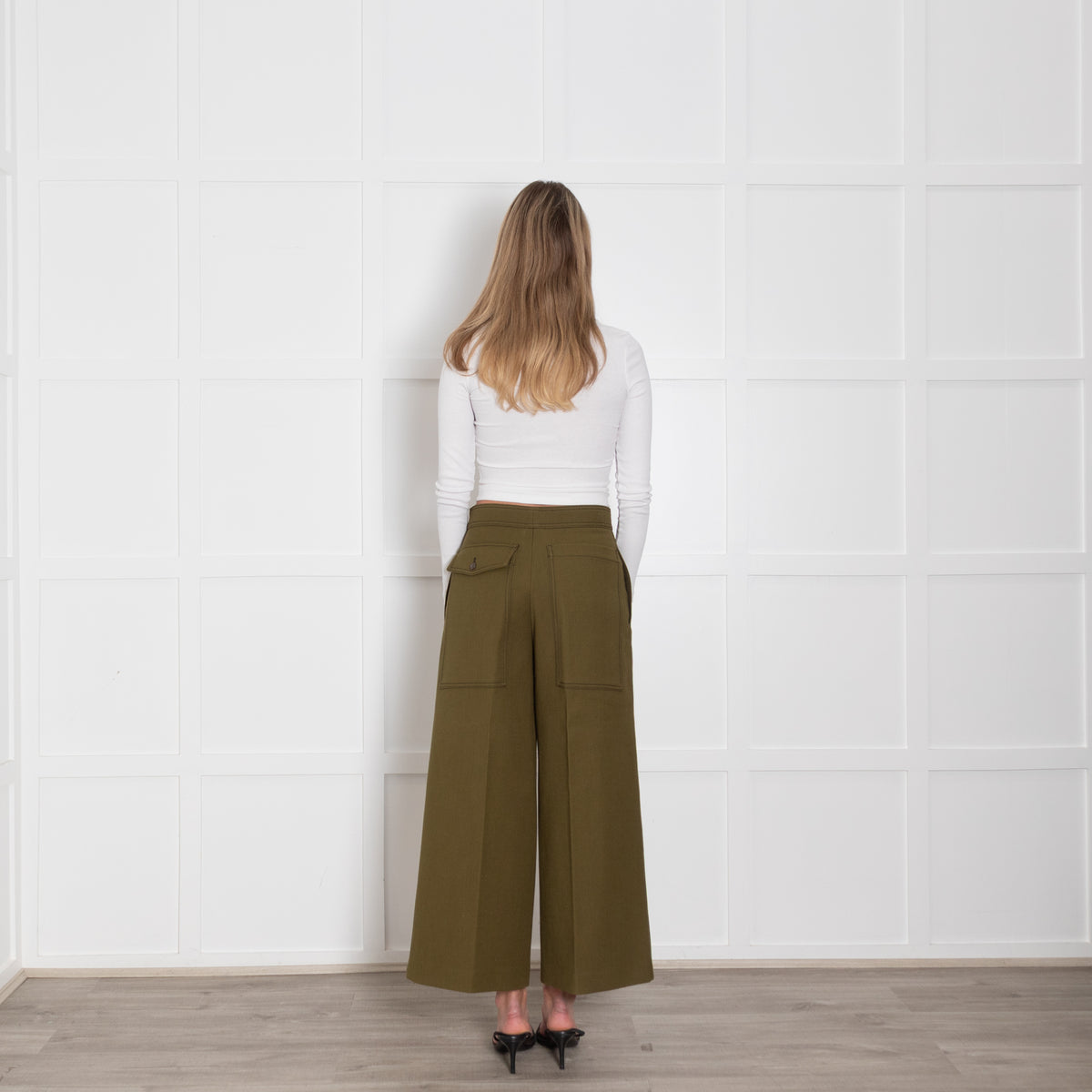 Joseph Olive Green Wide Leg Crop Twill Trousers