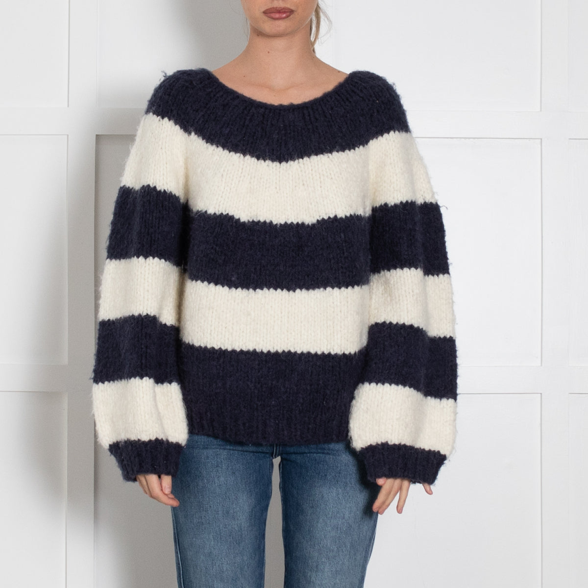 Wyse Blue Cream Wool Blend Chunky Jumper