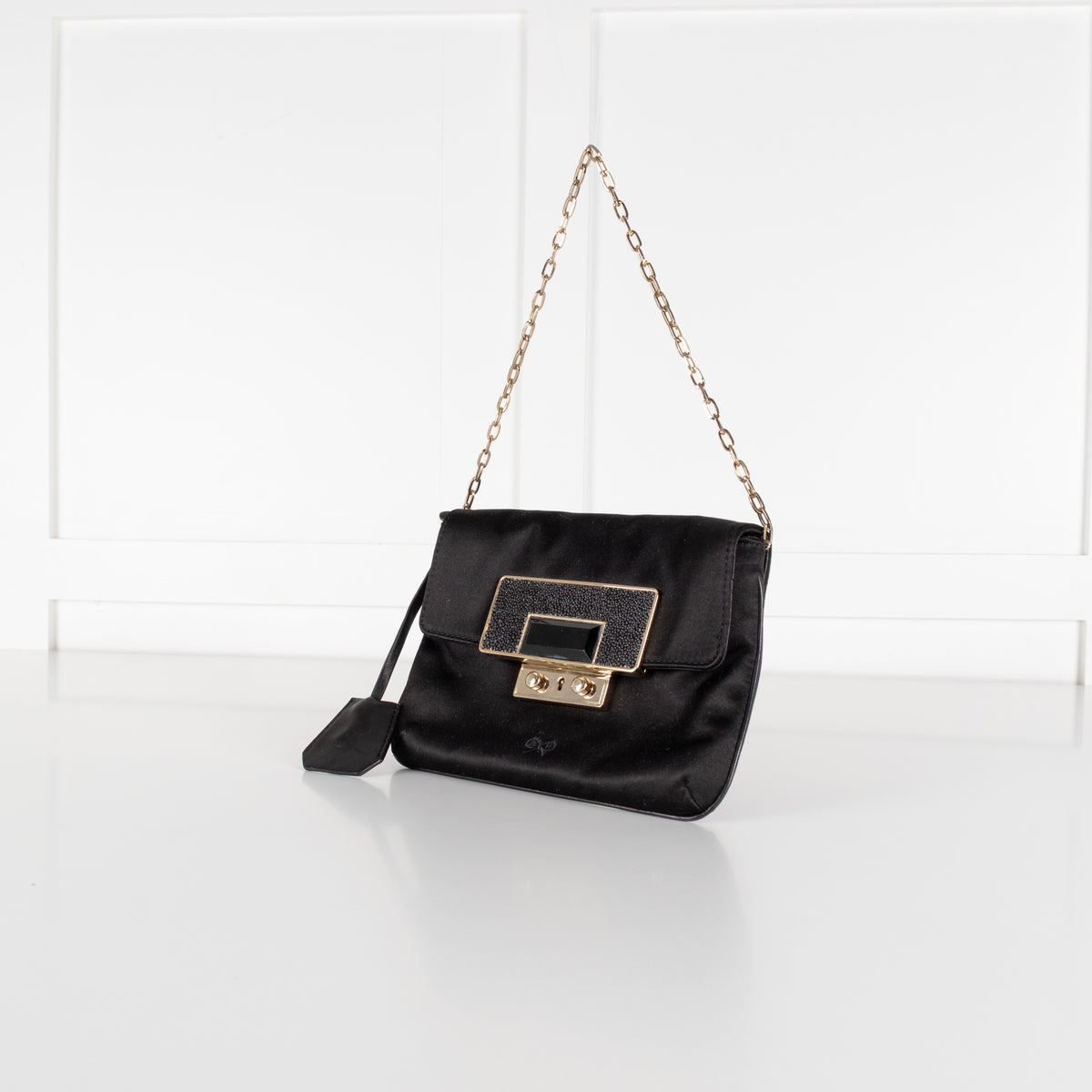 Anya Hindmarch Black Satin Embellished Clasp Pouch