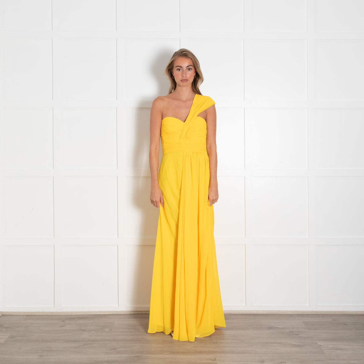 Badgley Mischka Bright Yellow Pleated Bodice One Shoulder Maxi Dress