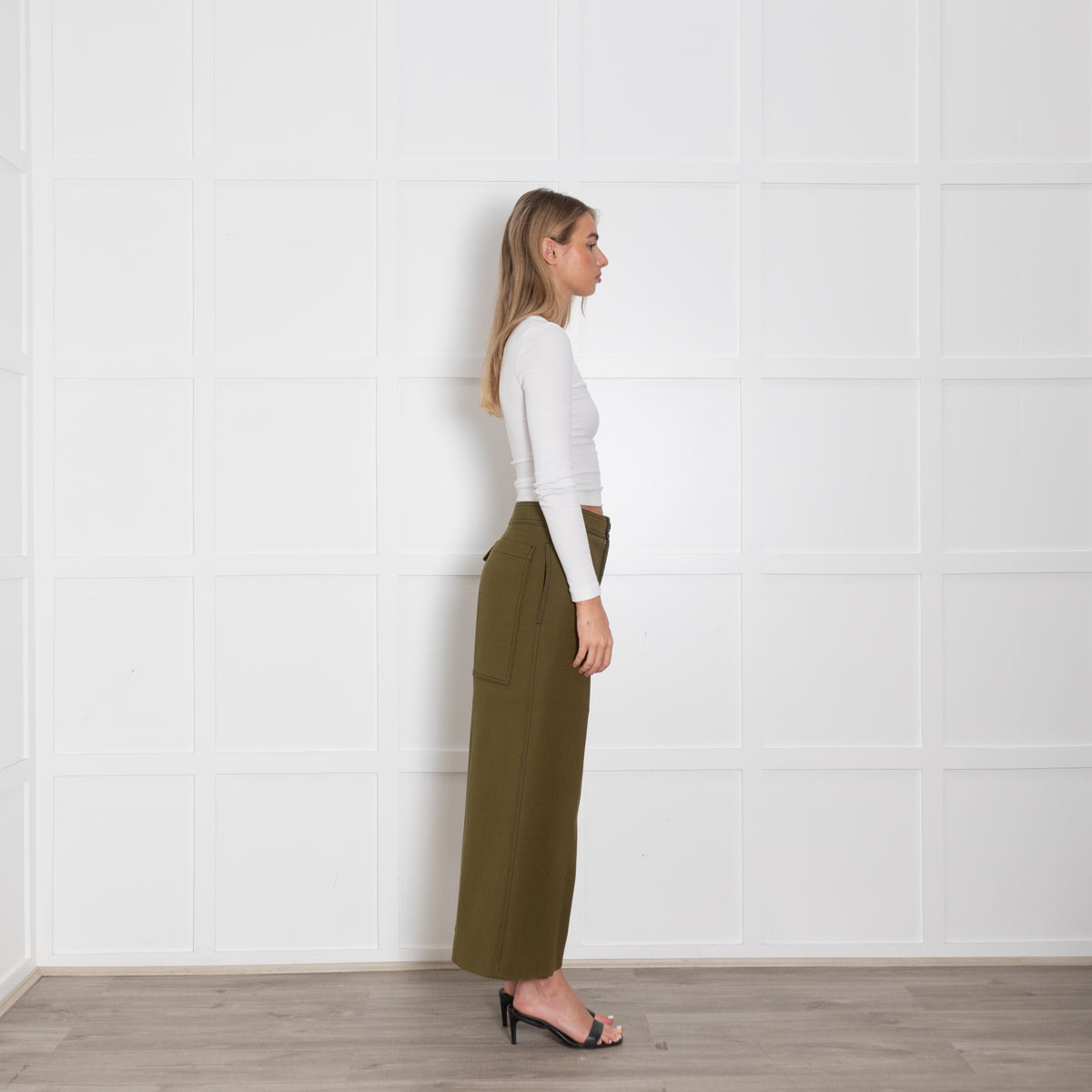 Joseph Olive Green Wide Leg Crop Twill Trousers