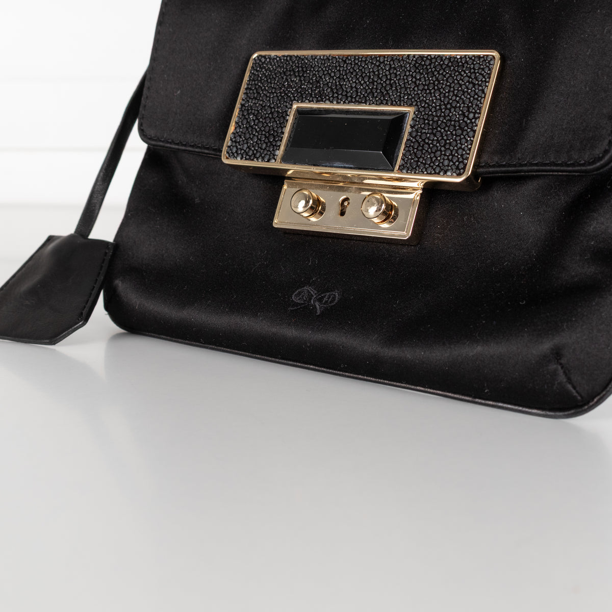 Anya Hindmarch Black Satin Embellished Clasp Pouch