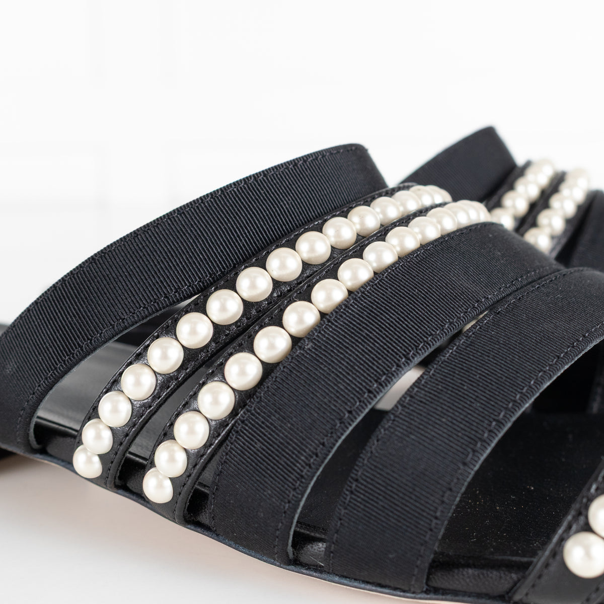 Chanel Black Fabric Mules With Pearls & Logo on Heel