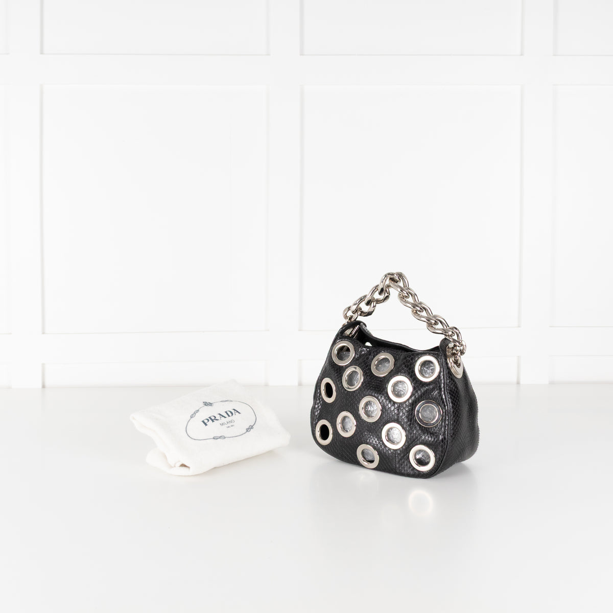 Prada Black Vitello Daino Silver Grommet Detail Bag
