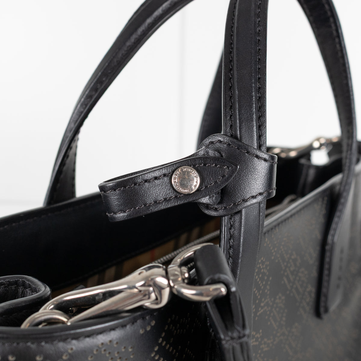 Burberry Black Perforated Leather Banner Tote Bag
