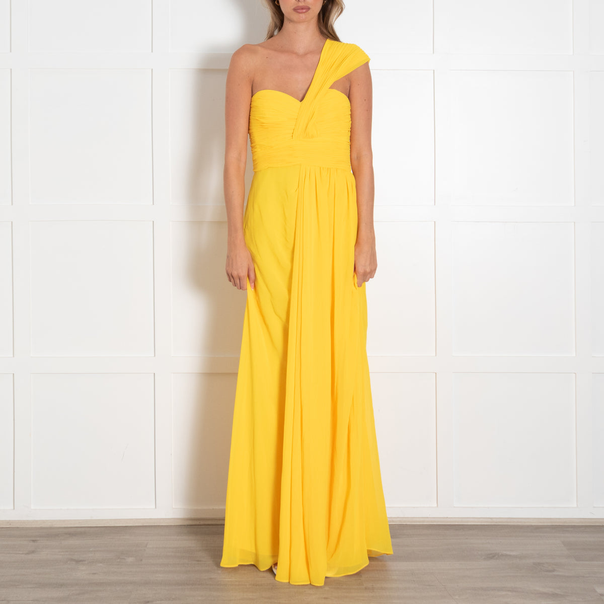 Badgley Mischka Bright Yellow Pleated Bodice One Shoulder Maxi Dress