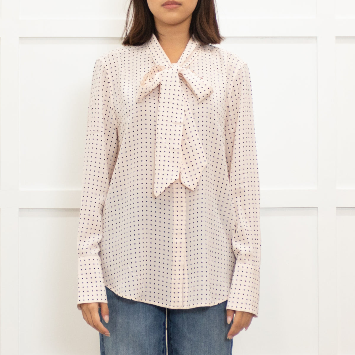 Equipment Pink Polka Dot Tie Neck Blouse