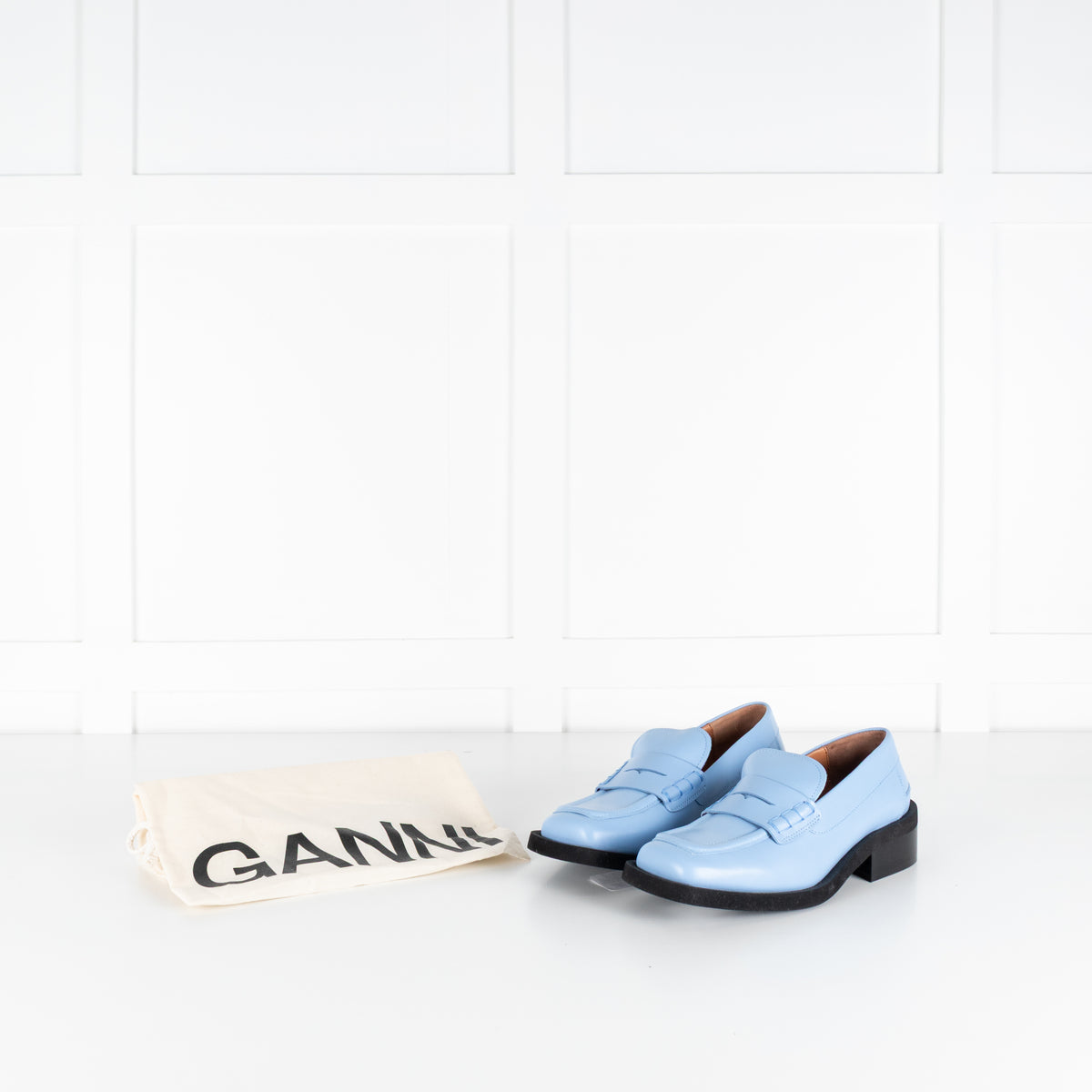 Ganni Blue Leather Square Toe Loafers