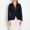 Sandro Navy Leather Trim Collar Wool Blazer